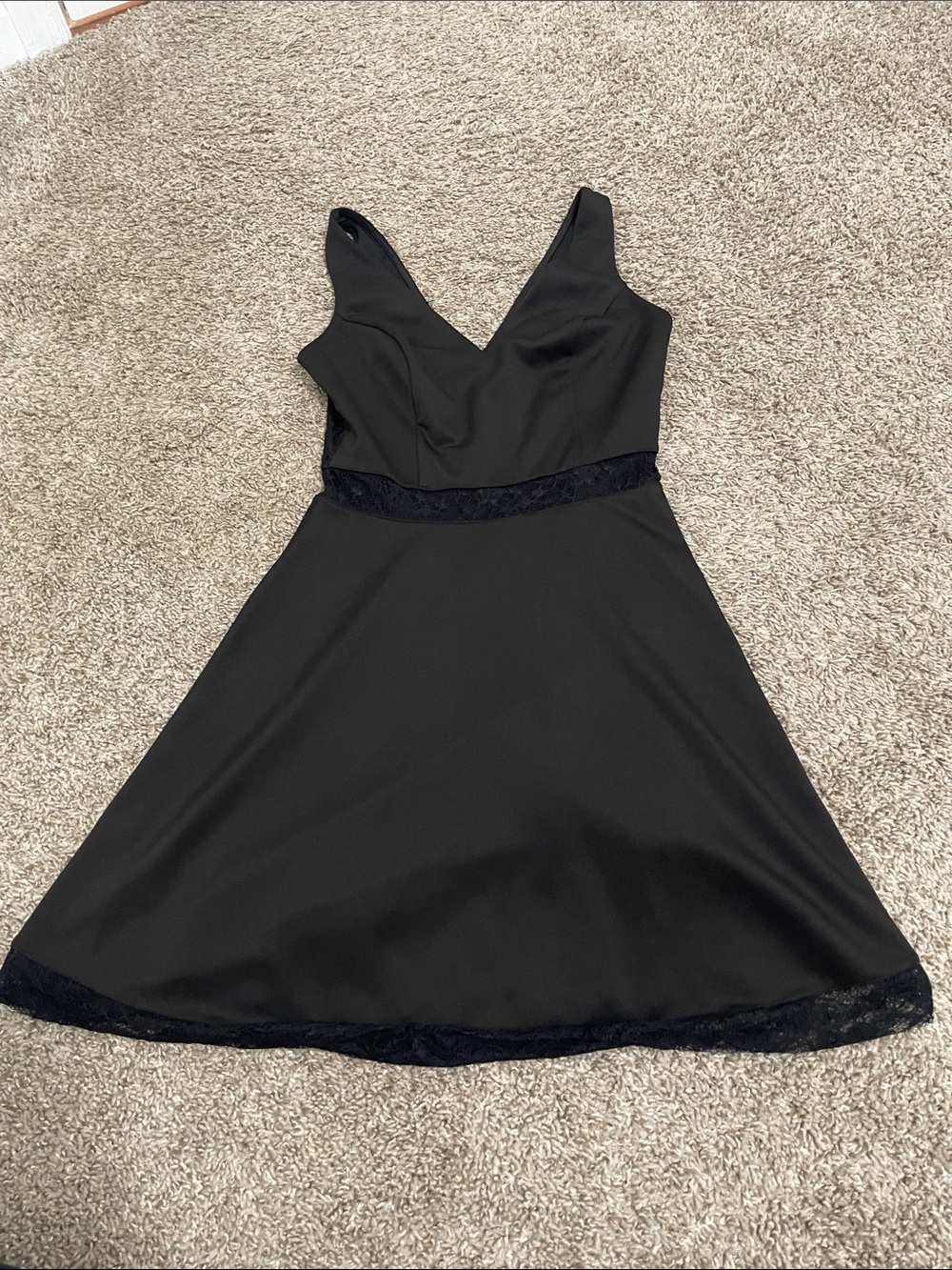Guess Black V-Neck Midi Dress with Lace Trim